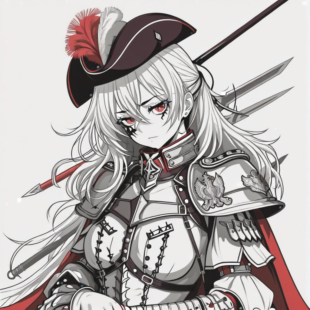  line art drawing wounded hussar girl, same nightmare. anime style . professional, sleek, modern, minimalist, graphic, line art, vector graphics