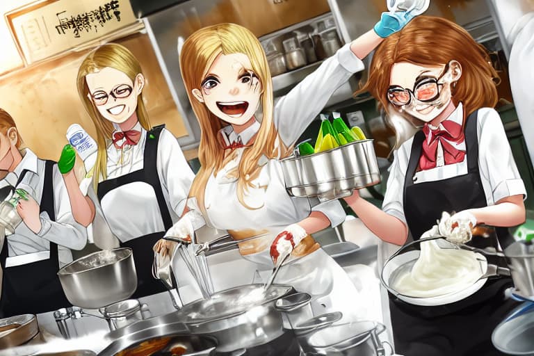  A cooking teacher with blonde hair and glasses going crazy whipping cream in a food laboratory, cream is flying around
