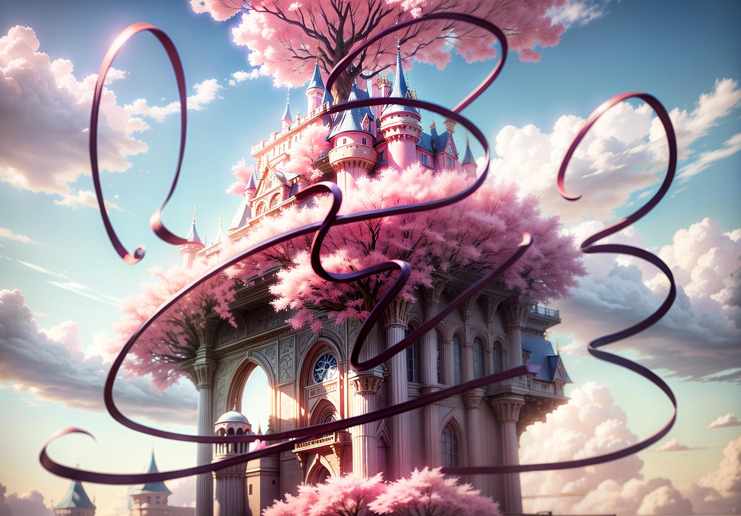  (front view:1.5),mid shot,romantic,mhxy,cloud,scenery,sky,outdoors,no humans,tree,blue sky,day,bird,bridge,cloudy sky,fantasy,cherry blossoms,cityscape,building,(pink disney castle),8k,best picture quality,blender,camera 4d,octance rendering,supplementary picture,(fairytale)