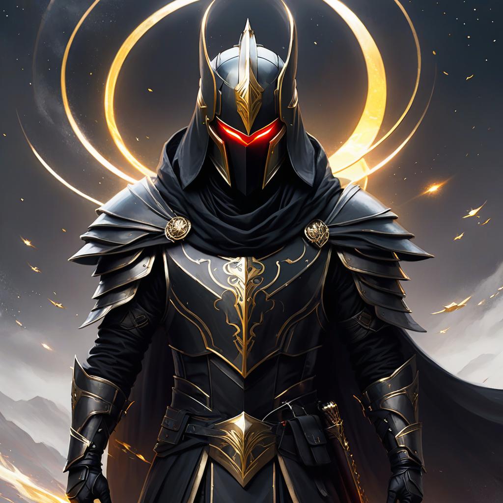  ethereal fantasy concept art of armored man showing no face in his helmet only glowing red eyes and a black ponytail out the back of his helmet wearing a black cloak with golden accents. magnificent, celestial, ethereal, painterly, epic, majestic, magical, fantasy art, cover art, dreamy