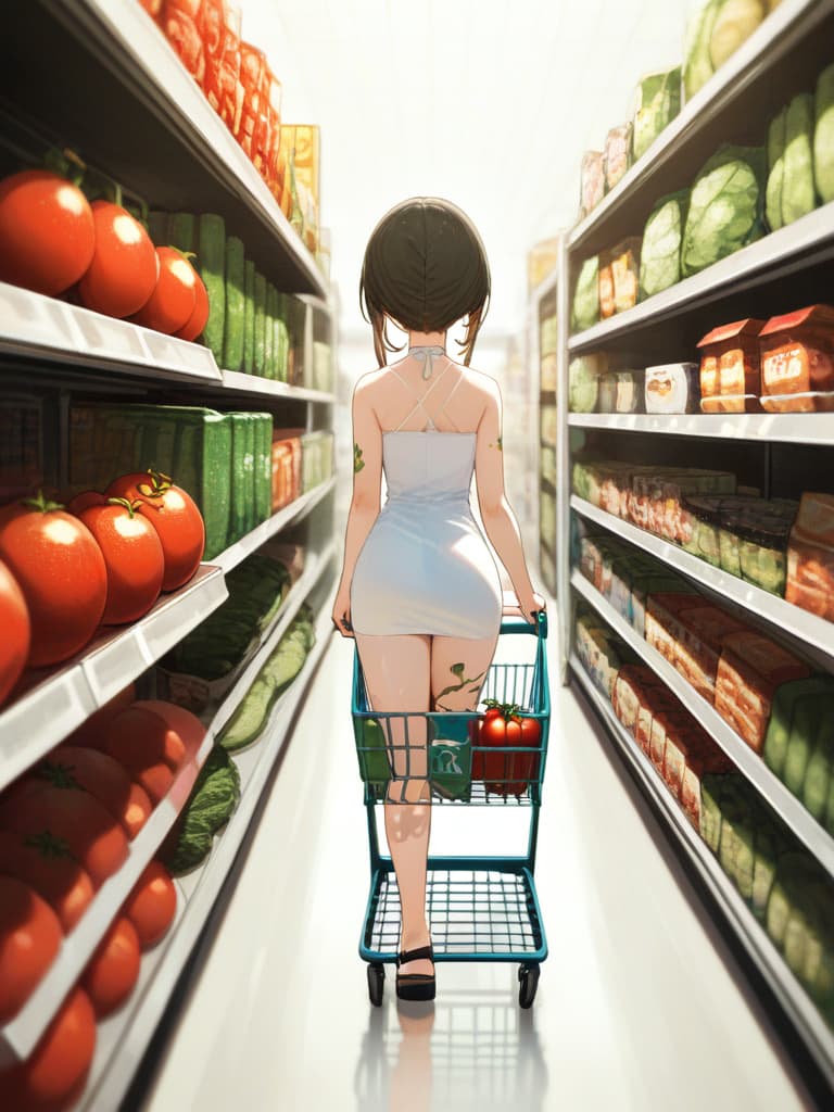  with tomatoes, blonde ponytails, white headphones, snakes on the legs, whole body, walking figure, girls on their arms, girls wearing white dresses, shopping carts, pressing shopping carts, gestures, shopping carts. is contained eggplant and celery, a small wing tattoo on the back, a snake tattoo on the thigh, a snake tattoo on the thigh, a thick bottom sandals., masterpiece, best quality,8k,ultra detailed,high resolution,an extremely delicate and beautiful,hyper detail