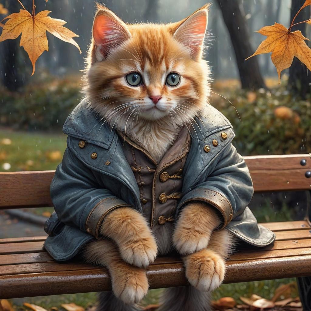  fairy tale (watercolor: 1.4) a sad little kitten with a sad face is sitting under a park bench.the corners of his muzzle are mournfully lowered, his ears are pressed down, he is scared and cold. autumn, rain, cold . magical, fantastical, enchanting, storybook style, highly detailed hyperrealistic, full body, detailed clothing, highly detailed, cinematic lighting, stunningly beautiful, intricate, sharp focus, f/1. 8, 85mm, (centered image composition), (professionally color graded), ((bright soft diffused light)), volumetric fog, trending on instagram, trending on tumblr, HDR 4K, 8K