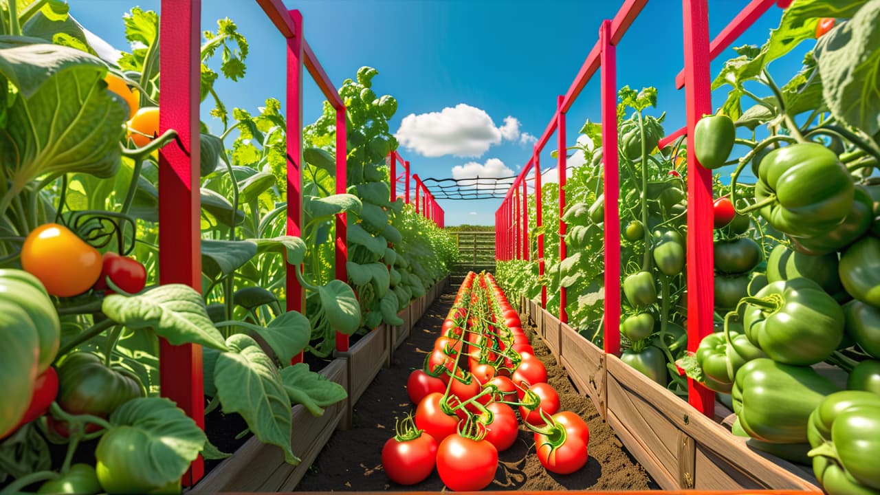  a vibrant small garden plot filled with lush green lettuce, bright red cherry tomatoes, sturdy green beans climbing a trellis, colorful bell peppers, and fragrant herbs, all under a sunny blue sky. hyperrealistic, full body, detailed clothing, highly detailed, cinematic lighting, stunningly beautiful, intricate, sharp focus, f/1. 8, 85mm, (centered image composition), (professionally color graded), ((bright soft diffused light)), volumetric fog, trending on instagram, trending on tumblr, HDR 4K, 8K