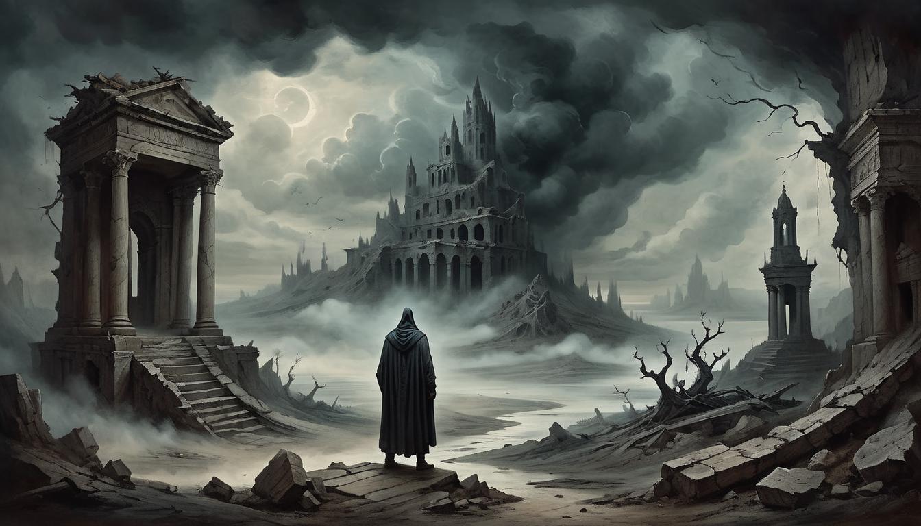  on parchment, surrealism+++, a shrouded figure, face obscured, standing amidst twisted ruins, contemplative, mysterious, dark clouds gathering, foreboding atmosphere(mysterious, provocative, symbolic,muted color)+++