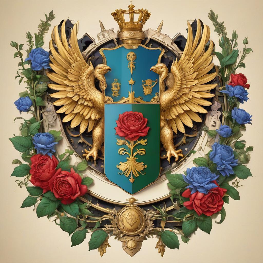  futurism, cyberpunk, steampunk.. coat of arms with a double headed eagle. four colors: gold, green, blue, red. flowers: roses, peonies, daisies, cornflowers, hyacinths, bells. the coat of arms in the castle.