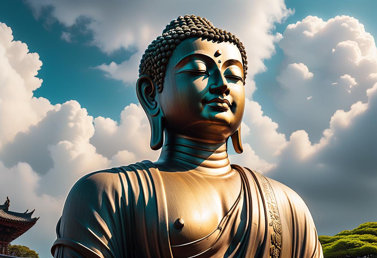  create an image of a majestic buddha statue focusing on the upper body. the statue should exude a serene and divine presence, with an expression of calm and wisdom. the background should be ethereal, with glowing light and soft clouds, giving the impression of a sacred, otherworldly environment. the overall mood should be tranquil yet powerful, emphasizing the spiritual significance of the statue. hyperrealistic, full body, detailed clothing, highly detailed, cinematic lighting, stunningly beautiful, intricate, sharp focus, f/1. 8, 85mm, (centered image composition), (professionally color graded), ((bright soft diffused light)), volumetric fog, trending on instagram, trending on tumblr, HDR 4K, 8K