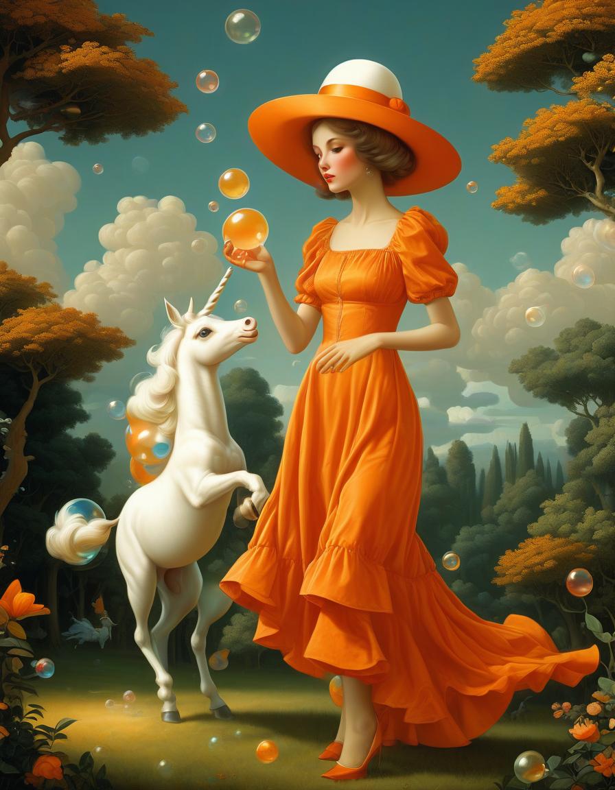  retro game art a woman in an orange dress and a white hat blows bubbles with a stick, a small white unicorn is standing next to her. a bird is sitting on her head. in the background, trees and the sky. lots of beautiful bubbles. in the style of andrey remnev . 16 bit, vibrant colors, pixelated, nostalgic, charming, fun