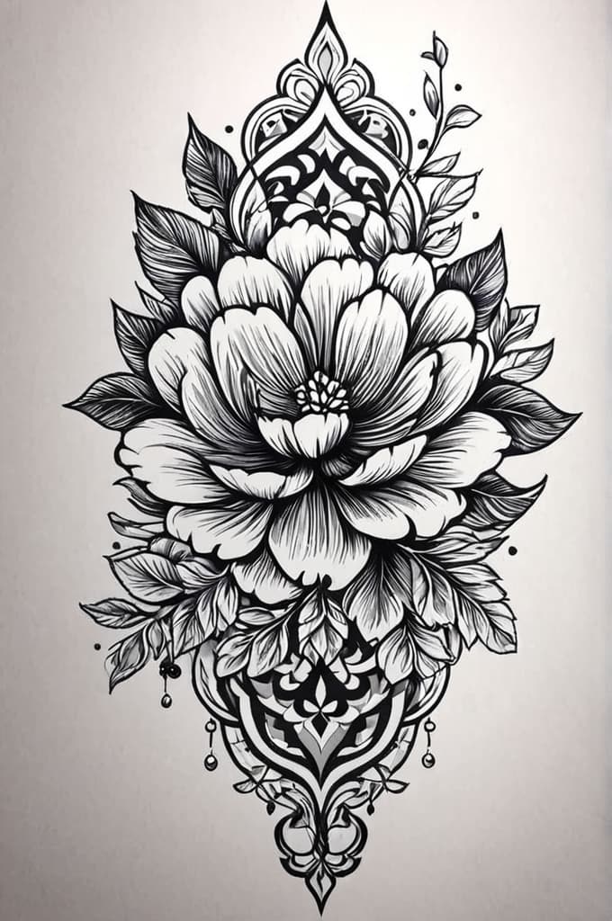  flowers, (tattoo sketch:1.25), drawing