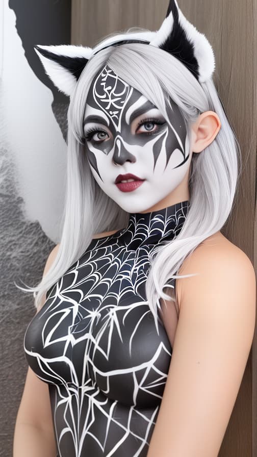  Black Spider-patterned body paint in every corner of the whole body, full-body, silver body paint, White face paint on the face,Dark elfs 女性