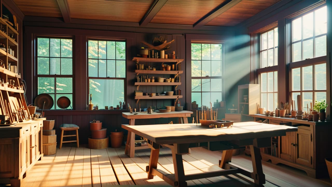  a rustic woodworking shop filled with intricate wooden furniture, tools scattered on a workbench, sunlight streaming through a window, and a stack of finished projects showcasing creativity and craftsmanship. hyperrealistic, full body, detailed clothing, highly detailed, cinematic lighting, stunningly beautiful, intricate, sharp focus, f/1. 8, 85mm, (centered image composition), (professionally color graded), ((bright soft diffused light)), volumetric fog, trending on instagram, trending on tumblr, HDR 4K, 8K