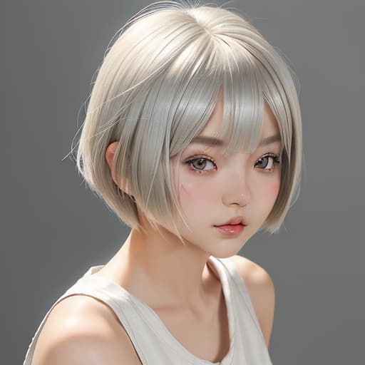  cute japanese girl face, cute short hair, light blonde and silver bob cut hairstyle, black sleeveless top, delicate makeup, cool style, natural lighting, photo realistic in the style of realistic.