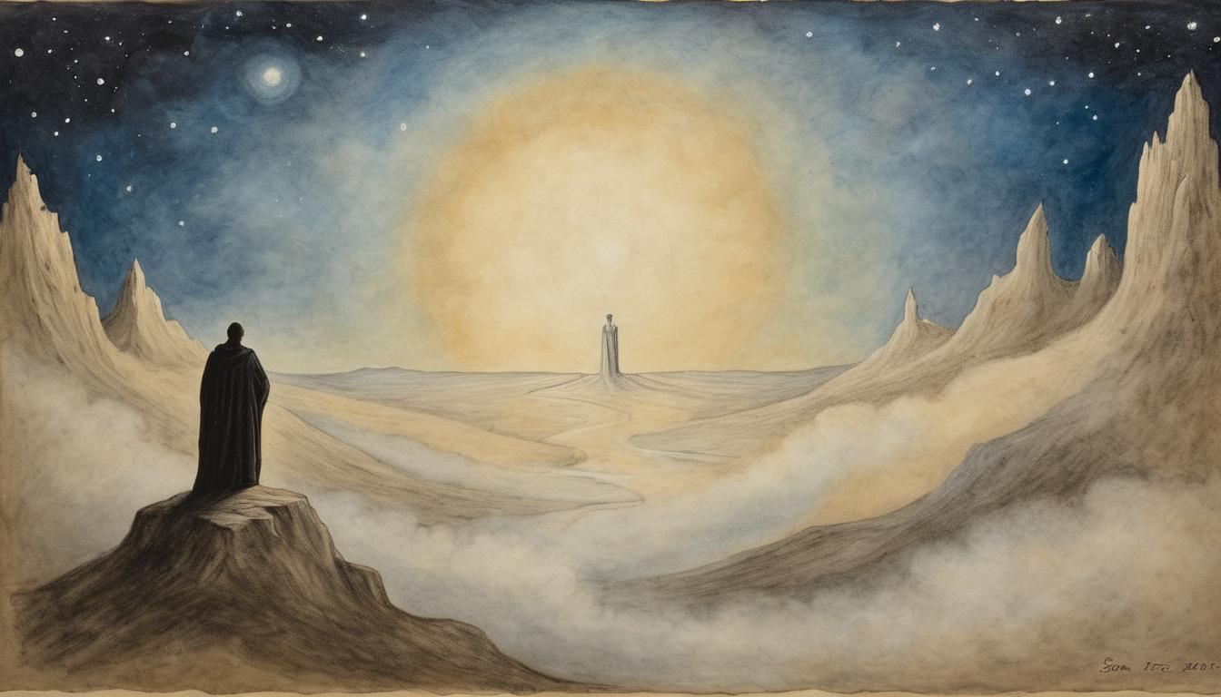  on parchment, surrealism++, solitary figure standing on a precipice, overlooking vast, star filled cosmos, air of destiny and purpose, ethereal glow, night sky, sense of solitude and importance(mysterious, provocative, symbolic)++