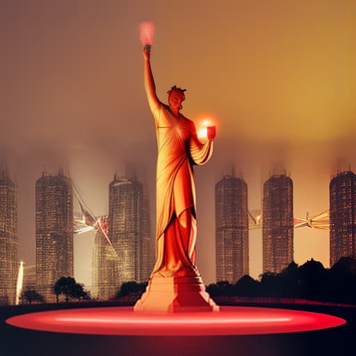 dvarchmodern a statue on top of a hill next to a body of water, flashy red lights, looming over a horde of gold, year 2 0 4 0, diabolic, promotional image, at the world cup, torchlit, around the tower in lights,