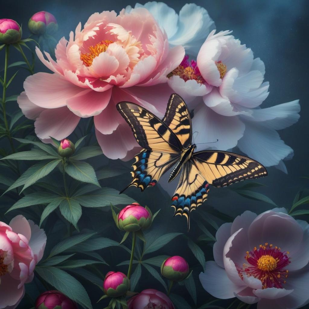  Beautiful swallowtail butterfly on a peony hyperrealistic, full body, detailed clothing, highly detailed, cinematic lighting, stunningly beautiful, intricate, sharp focus, f/1. 8, 85mm, (centered image composition), (professionally color graded), ((bright soft diffused light)), volumetric fog, trending on instagram, trending on tumblr, HDR 4K, 8K