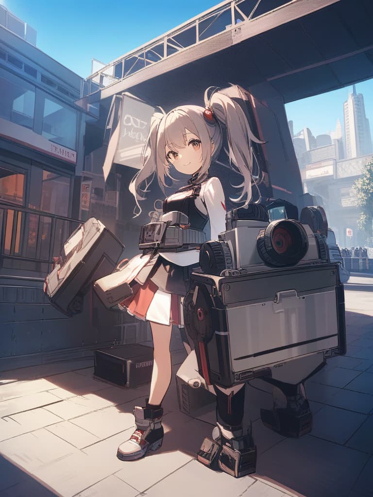  metal box type robot, toy type, girl robot, twin tail, cute smile, whole body, city ground,