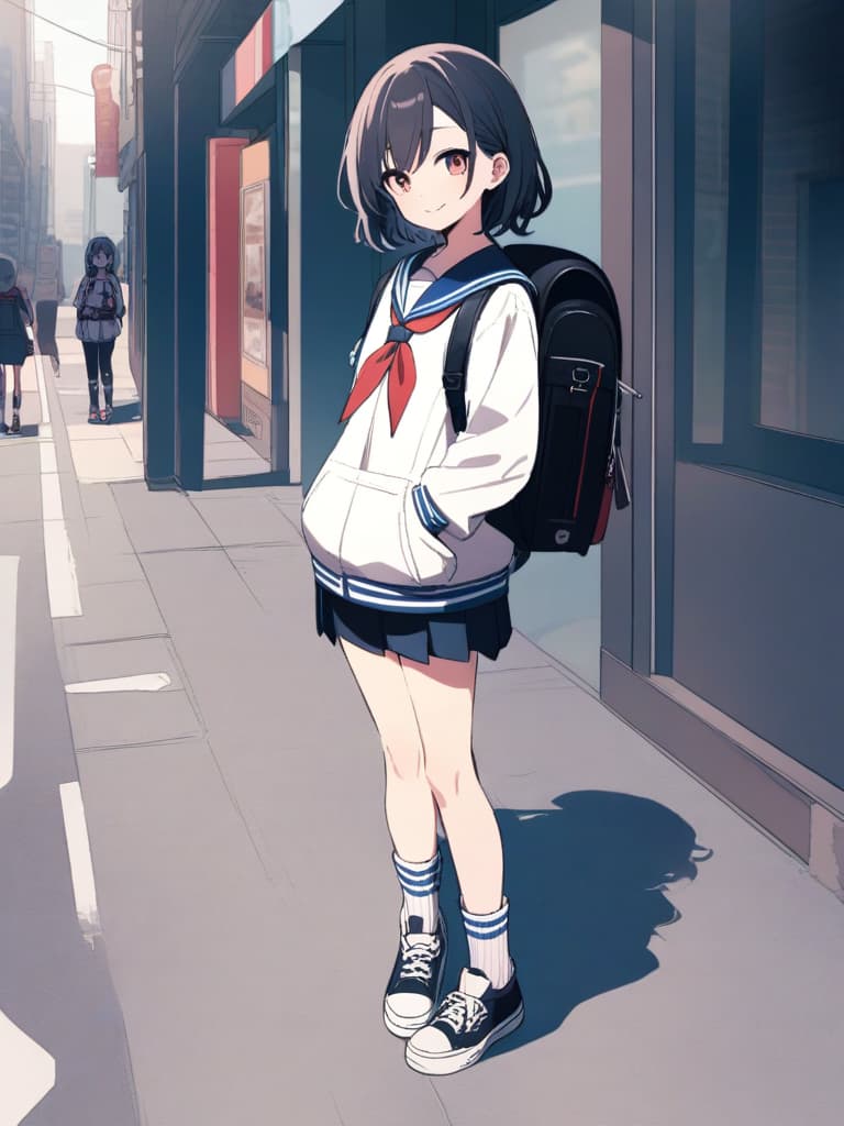  s junior high , (male ), sailor suit, mini , transvese, short hair, cute smile, backpack, ultra long row socks, bottom sneakers, whole body, in the city,