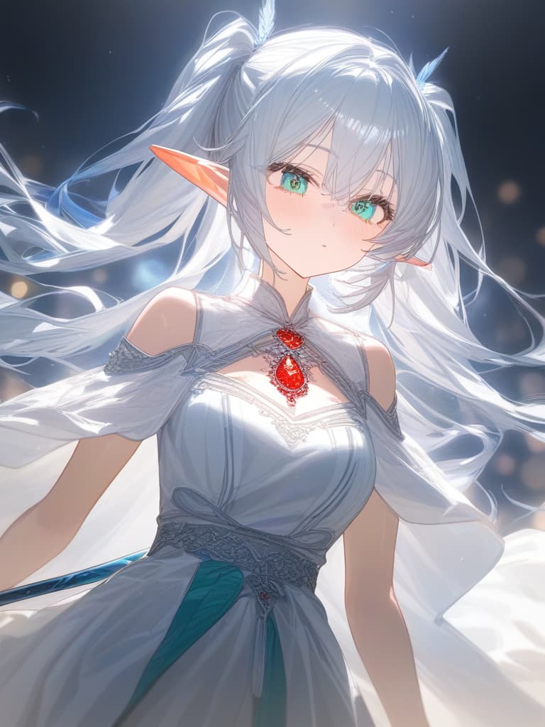  white hair, twin tails, elf, white robe, red jewel magic cane, blue green eyes, light blue flowers, masterpiece, best quality,8k,ultra detailed,high resolution,an extremely delicate and beautiful,hyper detail