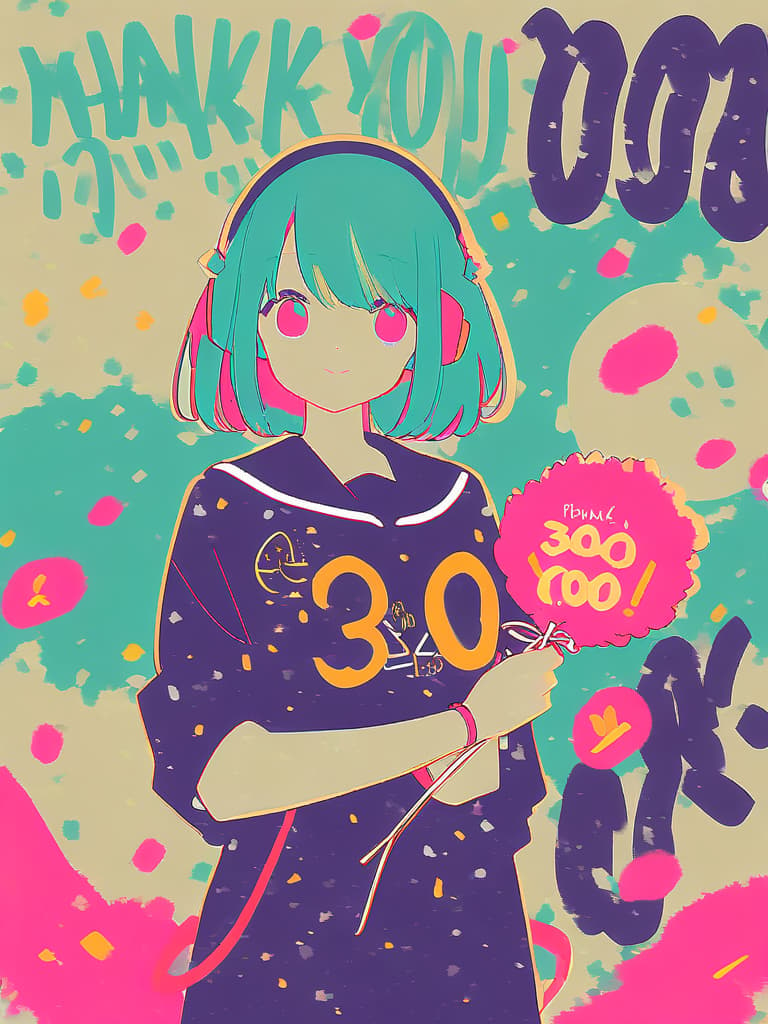  a girl with short green hair is laughing and crying loudly while holding a colorful bouquet of flowers,wearing headphones,and wearing a black sailor uniform with a red ribbon,with the number (((3000:1.8))) and the words ((("thank you":1.8))) displayed in large letters,grunge splats,flat color