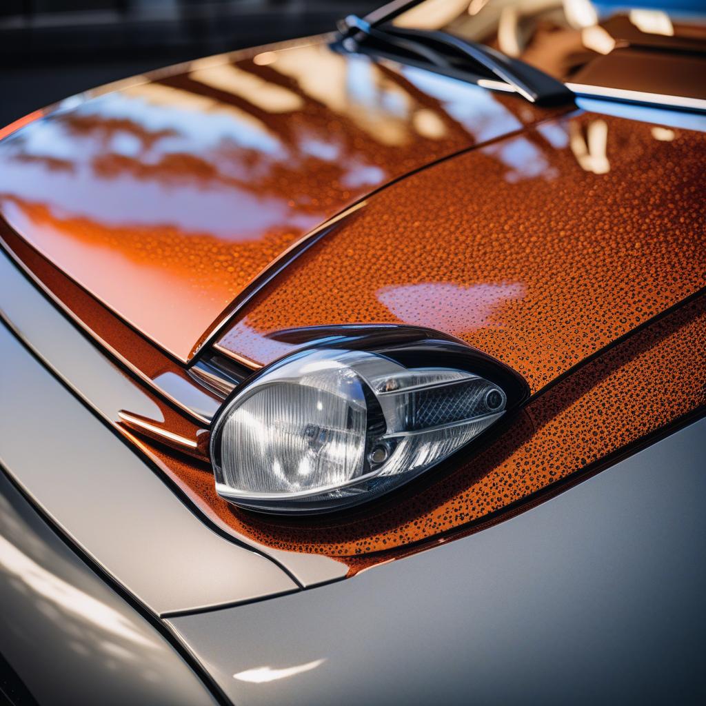  masterpiece, best quality, A close-up shot of a shiny, newly waxed car exterior, with water droplets glistening under the bright sunlight. The vibrant orange accents on the detailing products pop against the sleek navy blue surface, creating a visually striking contrast. The clean, minimalist background in light gray enhances the overall professional and polished look of the image. (Photography, natural light, high-resolution camera settings)