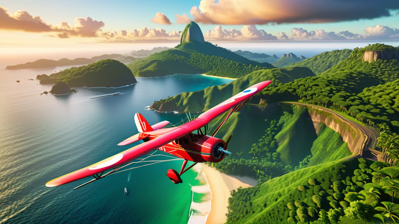  a vintage brazilian landscape featuring a biplane soaring above lush green jungles and coastal beaches, with iconic landmarks like sugarloaf mountain and christ the redeemer in the background, capturing the spirit of aviation innovation. hyperrealistic, full body, detailed clothing, highly detailed, cinematic lighting, stunningly beautiful, intricate, sharp focus, f/1. 8, 85mm, (centered image composition), (professionally color graded), ((bright soft diffused light)), volumetric fog, trending on instagram, trending on tumblr, HDR 4K, 8K