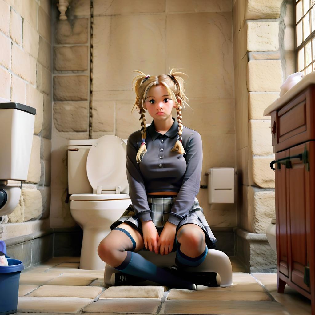  cinematic photo realistic photo, girl, sitting on a square toilet, blond hair, pigtails, shirt, skirt, tall black stockings, sneakers, large room, stone walls, stone floor. . 35mm photograph, film, bokeh, professional, 4k, highly detailed, film photography style, perfecteyes