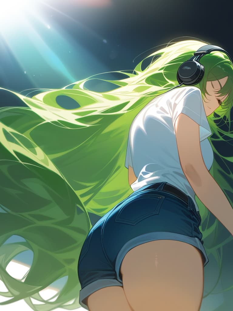  (white background:1.3),(extremely detailed fine touch:1.3),(hard light,studio light,light rays,dappled light,reflection,shadows,ray tracing:1.0),///,,(((green very long hair:1.3))),headphone,forehead,having a bird's eye view,anime style,super fine ilration,highly detailed,dynamic angle,beautiful detailed,8k,on stage break a woman,(((headphone:1.3))),on both ,strumming an electric guitar. she arches her back,closes her eyes and looks joyful. break a spotlight shines on her,(t shirt:1.3),(denim shorts:1.3),(black les paul custom:1.3)