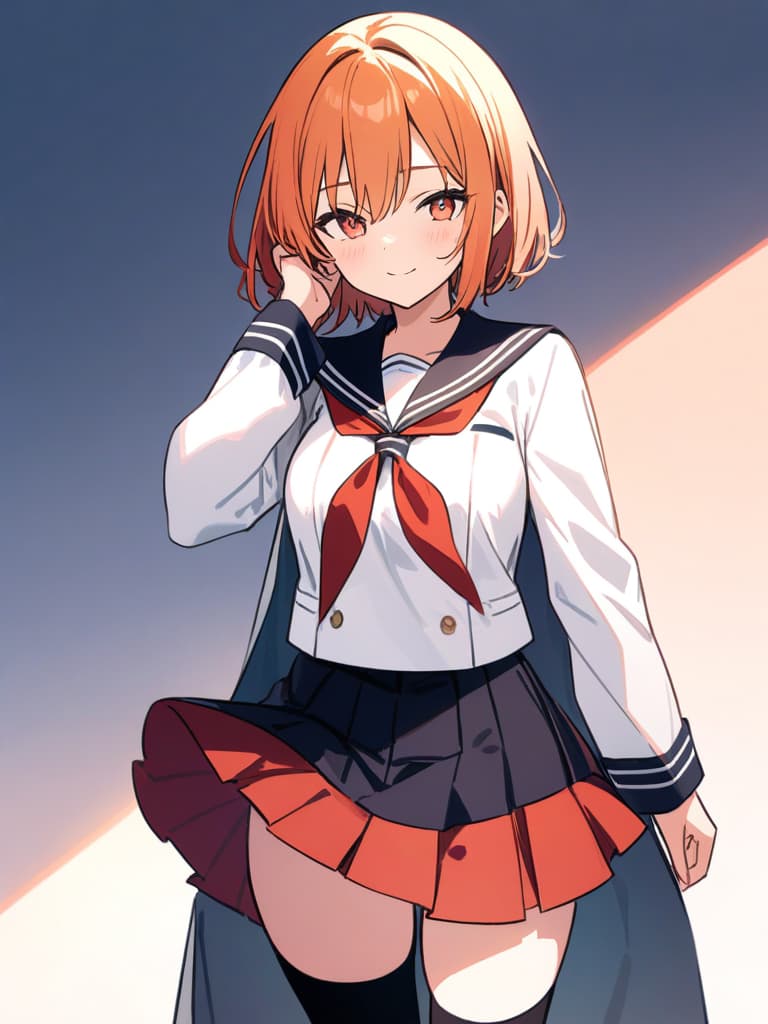  masterpiece {beautiful girl}(orange hair color:1.5){smiling}{sailor uniform wearing}{super miniskirt:1.5}{black knee high socks:1.7}{close up from knee}high quality,16k,super analysis