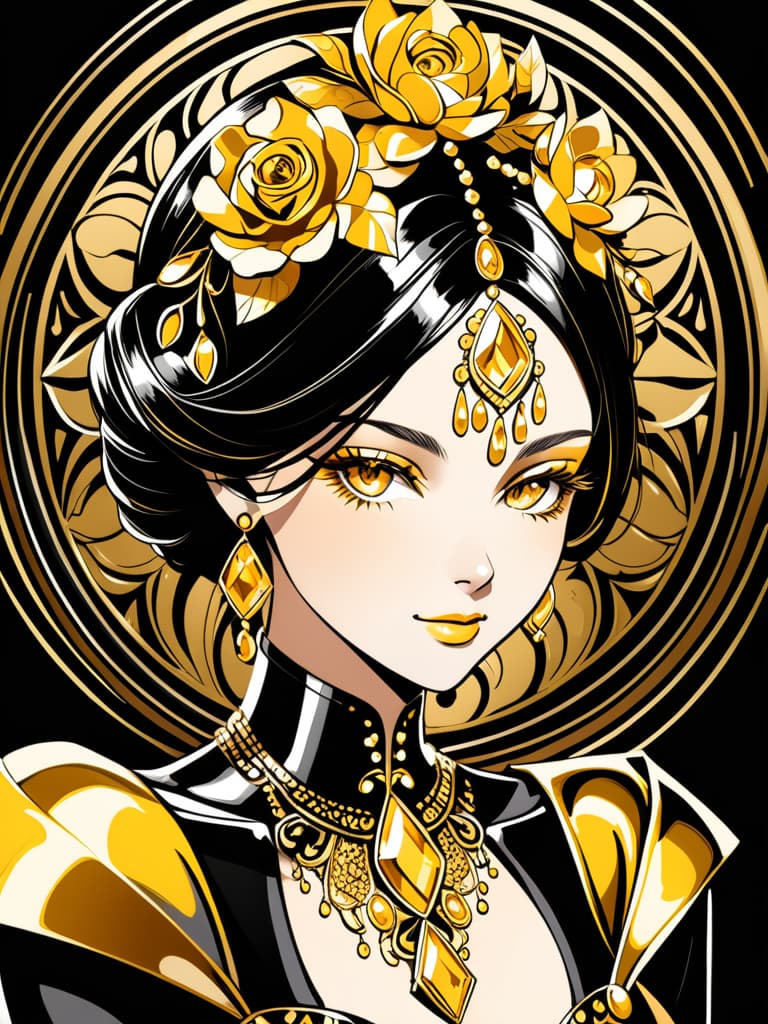  Golden yellow and sleek black color palette, captivating and inviting expression, exuding elegance and charm, magnetic beauty, intricate details, high contrast, luxurious feel, digital art, female, glossy finish, striking composition, dynamic lighting to enhance features.