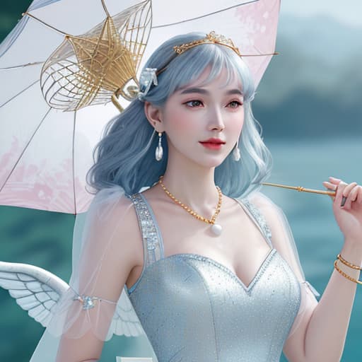  Ultra high resolution,(8k resolution: 2), delicate facial features, realistic portrait, perfect face, glowing skin, light effects, bare , partially underwater shooting, attractive smile, princess cut,(Fish net dark gold wedding dress: 0.6), Venus, Eve, Eden,(celet: 1.1), collar, metal collar, ring, wristband, pendant, hoop earrings, celet, pearl celet, eardrop, corsage, sapphire brooch, jewelry, necklace, ribbon, angel wings Angel, umbrella, car show, cosplay, A leaning against the edge of an open-top retro convertible, standing posture, wearing a gauze hip , perfect figure, sideways, colorful background, full-body recent photos, ancient fairy, pink and white ancient Han clothes, exquisite cloud patterns, hairpins,