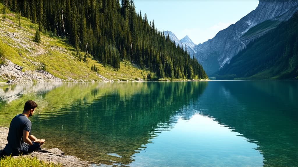  epic realistic, hyperdetailed, (cycles render:1.3), caustics, (glossy:0.58), (artstation:0.82),meditating man on the shore of a mountain lake. mountains covered with forest. sunny day, man sitting alone on the shore ar 16:9