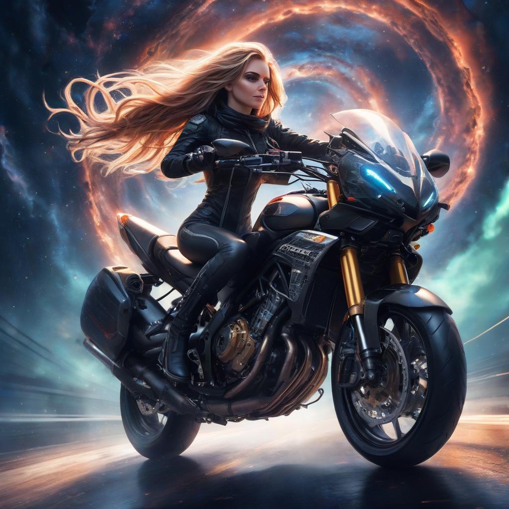  a beautiful girl with a guy in the backseat drives a sports motorcycle, all in skin with her hair loose, into a black hole in space. dynamics, starry sky, against the background of the northern lights, excellent quality, high detail, cyberpunk