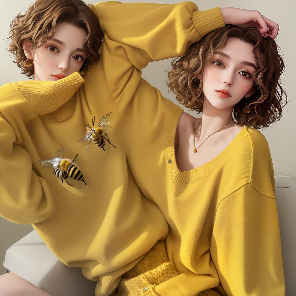  masterpiece, best quality,a 5'8 skinny female with very short curly hair and pale skin wearing a yellow long sleeve sweater with a bee on the front ,