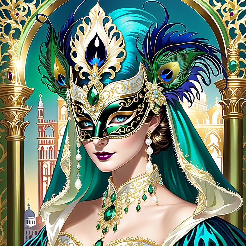  dreamscape (background):black silk cloak, topazes, rubies, emeralds, gold candlestick with white gold flame. ((the eye slits reflect the contours of the palaces and canals of venice1,9)). ((half mask columbine) a mask covering only part of the face. silver mask:with gold patterned ornamentation. colours:light green, blue, pearl cream, peacock feathers, gold and silver beads, gold leaf, gemstones, venetian lace, rhinestones, beads. (style):fantasy, renaissance, dream, mystery, mystery, dream, italy, venice, barcarolle, minestrel. . surreal, ethereal, dreamy, mysterious, fantasy, highly detailed