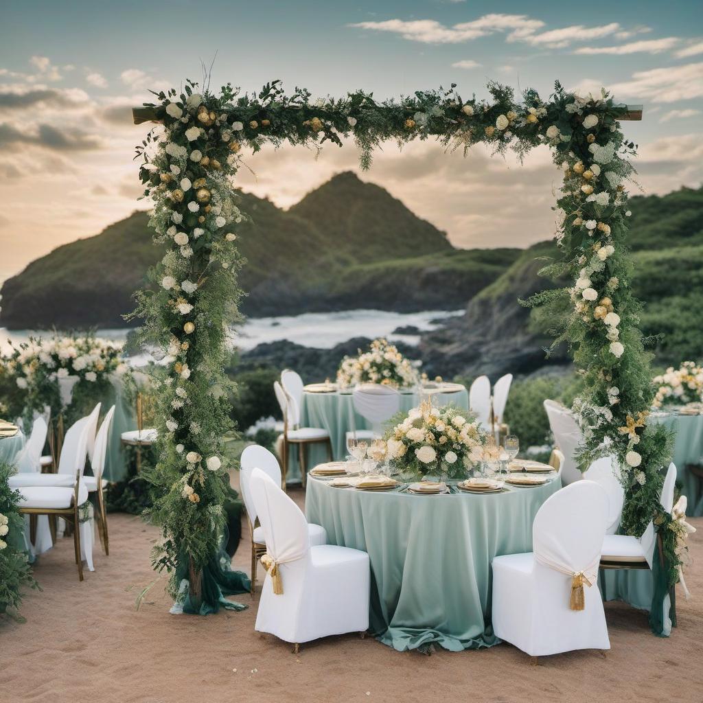  a beautiful outdoor wedding that is very expensive with the main colors being a dark green with hints of gold overlooking the ocean, mystical style