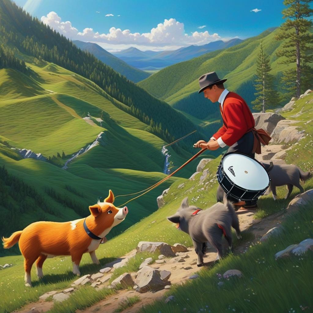  mountain ribbon dogs sing, cartoon pigs fight drums, cartoons shoot guitars in horses, and the picture is in the mountains, with sunlight. lovely style。, award winning, professional, highly detailed, masterpiece