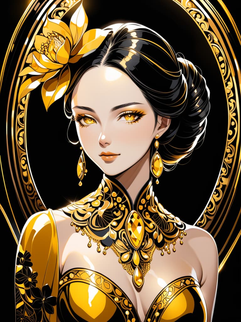  Golden yellow and sleek black color palette, captivating and inviting expression, exuding elegance and charm, magnetic beauty, intricate details, high contrast, luxurious feel, digital art, female, glossy finish, striking composition, dynamic lighting to enhance features.