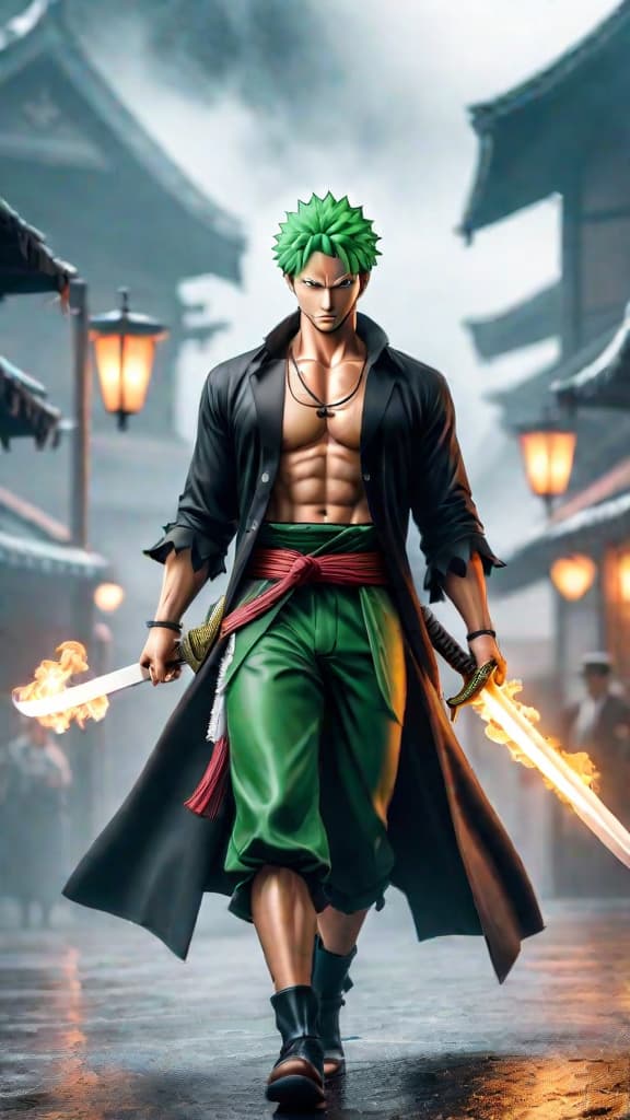  anime art: zoro from one piece, wielding three swords and advanced conqueror's haki, faces ichigo kurosaki from bleach. hyperrealistic, full body, detailed clothing, highly detailed, cinematic lighting, stunningly beautiful, intricate, sharp focus, f/1. 8, 85mm, (centered image composition), (professionally color graded), ((bright soft diffused light)), volumetric fog, trending on instagram, trending on tumblr, HDR 4K, 8K