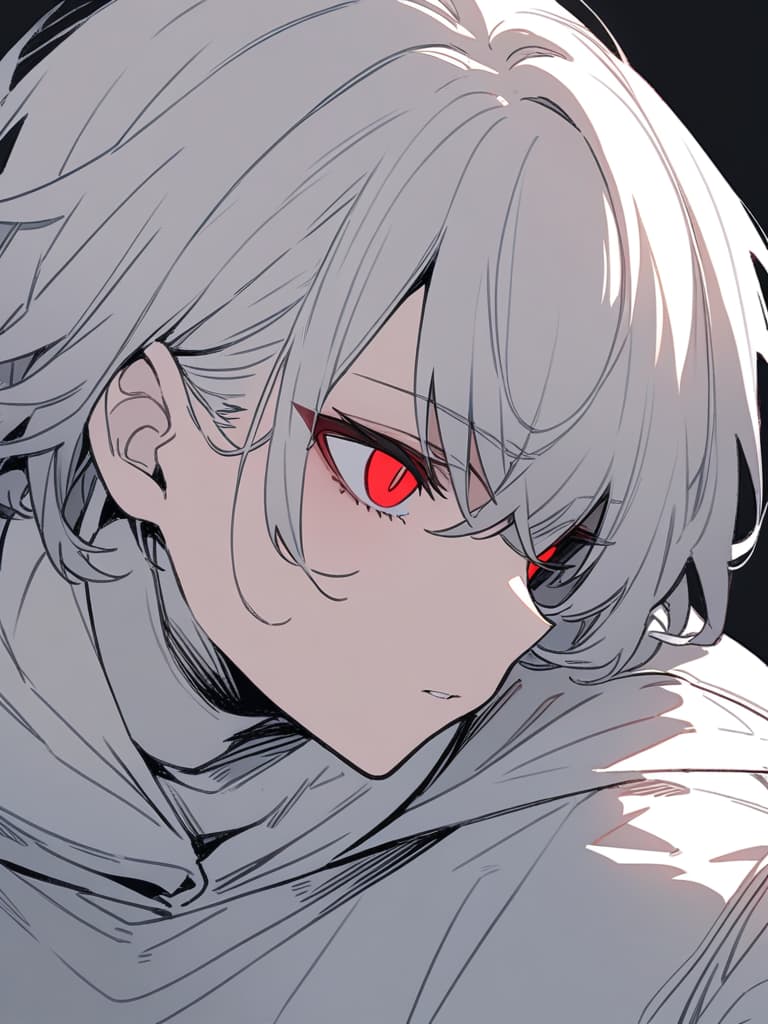  lineart, gray hair, man, short hair, masterpiece, red eye, throat buddha, black clothes, best quality, ultra detailed