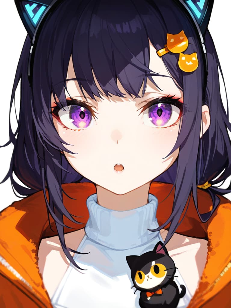  (black cat ear headphones: 1.2), masterpiece, open mouth, best quality, (purple eyes: 1.3), (close up: 1.2) ige hair: 1.4), ( orange overside jacket), shoulder gap, (white turtleneck: 1.1), (hair pin: 1.3), triangular hairpin