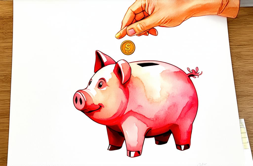  artwork piggy bank in the shape of a pig where a hand throws a coin ar 3:2, watercolor techniques, featuring fluid colors, subtle gradients, transparency associated with watercolor art