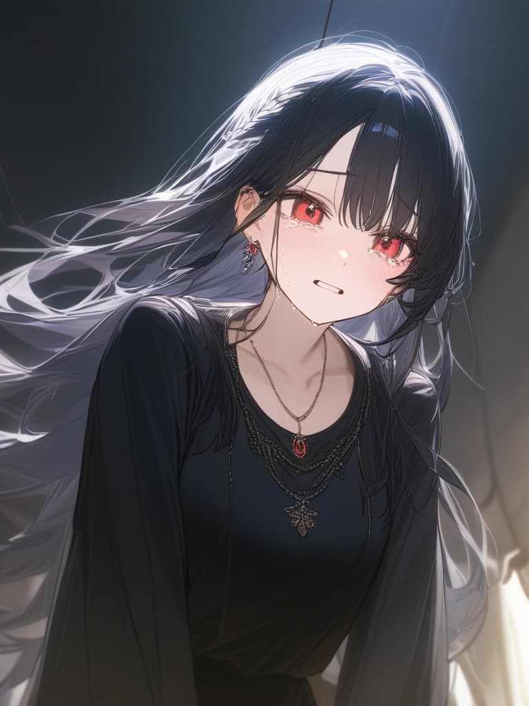  long hair, black hair, hair tips are pink, red eyes, hanging, bangs, and length of bangs, adults, adult faces, piercings, necklaces, thin makeup, thin pink, black, tears, crying. i'm crying as much as i can, masterpiece, best quality,8k,ultra detailed,high resolution,an extremely delicate and beautiful,hyper detail