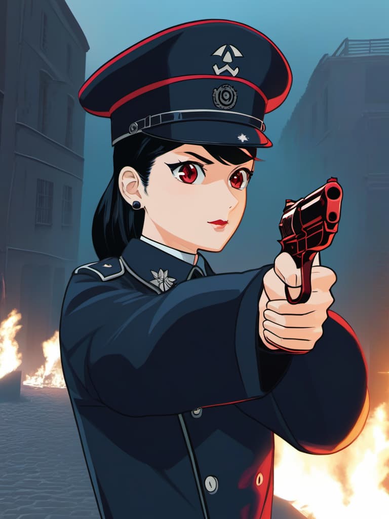  nazi military uniform, black hair, red eyes, holding a handgun hyperrealistic, full body, detailed clothing, highly detailed, cinematic lighting, stunningly beautiful, intricate, sharp focus, f/1. 8, 85mm, (centered image composition), (professionally color graded), ((bright soft diffused light)), volumetric fog, trending on instagram, trending on tumblr, HDR 4K, 8K