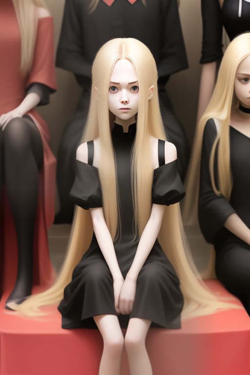   in a black in red peas, blonde long hair, medium sized s, sitting position