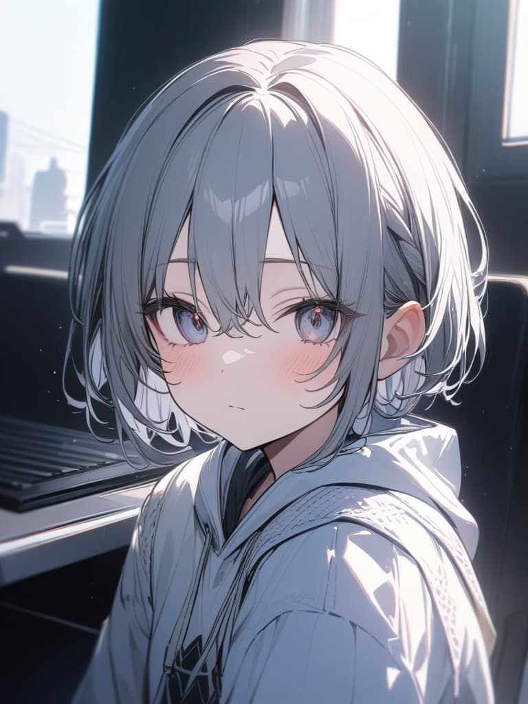  cute, subculture, gray hair, moe sleeve, odd eye, hoodie, light blue, angel, genius, masterpiece, best quality,8k,ultra detailed,high resolution,an extremely delicate and beautiful,hyper detail