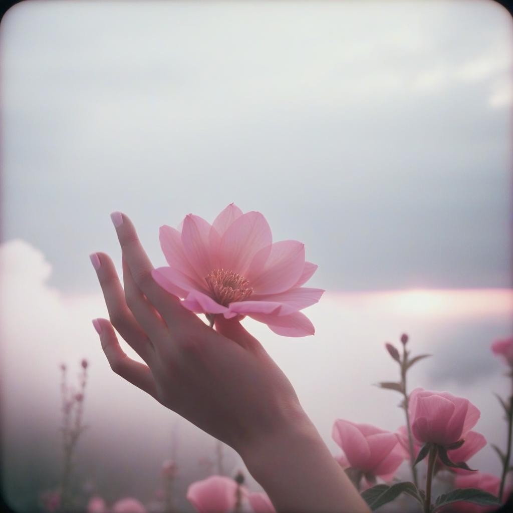  analog film photo the girl's hand touches a pink flower, pink and white shades, light fog, clouds in the background . faded film, desaturated, 35mm photo, grainy, vignette, vintage, kodachrome, lomography, stained, highly detailed, found footage