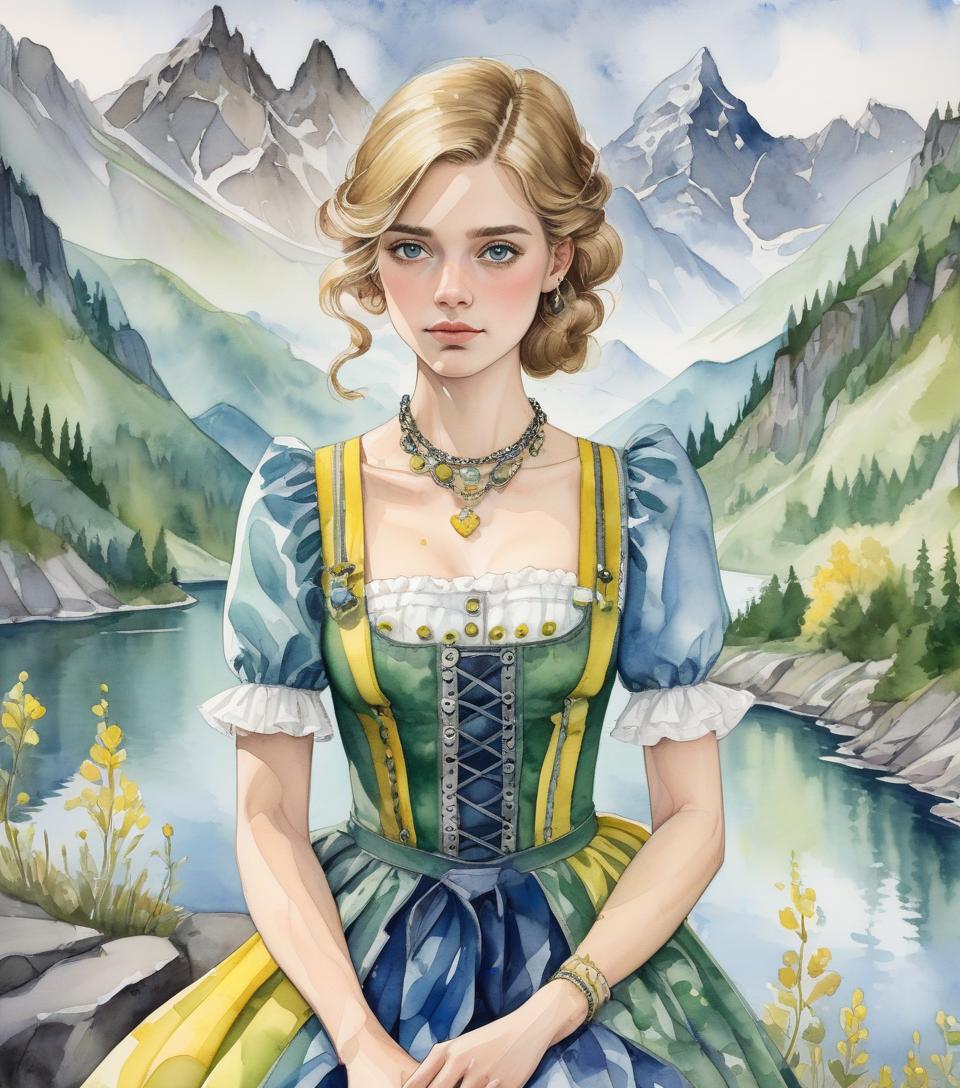  watercolor and alcohol ink interpretation of a bavarian woman with dark blonde hair infused with blonde highlights, clad in a fashion forward palette of yellow gray, dark blue, and green attire, positioned against a backdrop featuring a swirling pinafore, complemented by a collection of silver necklaces, rings, bracelets, set before a tranquil mountain lakeside imbued with light blue tones, bottle green, and verdant