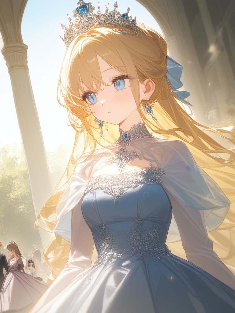  cute girls, jewels, beautiful, long hair, no bangs, beautiful dresses, beautiful dresses, royal fits, princess, british royal family, dignified, gross dress, crown, light blue eyes, gorgeous dresses, yellow, masterpiece, best quality,8k,ultra detailed,high resolution,an extremely delicate and beautiful,hyper detail