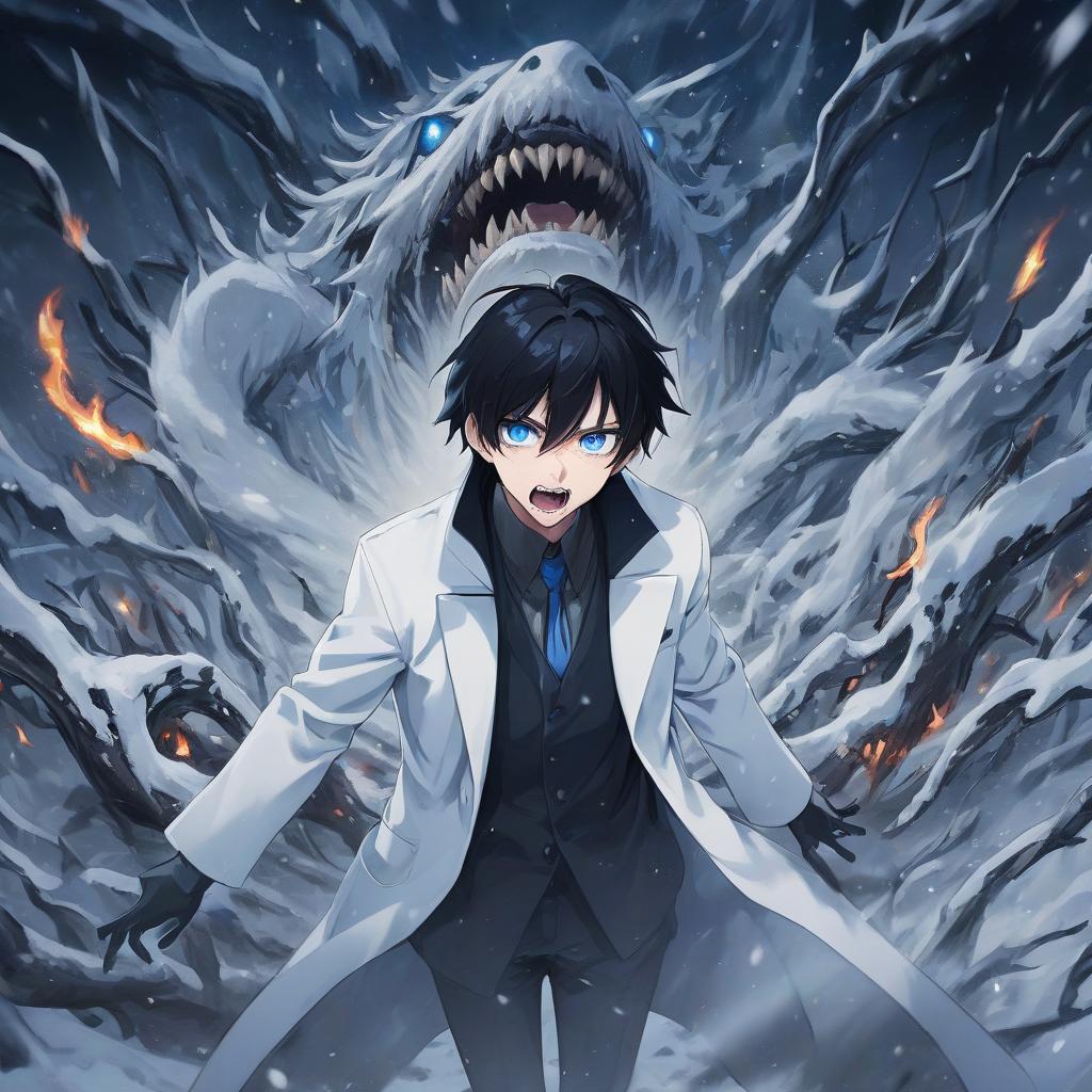  anime artwork a snowy field, a man in a white coat scorched from below, black hair, blue eyes, a cut mouth, hundreds of teeth, a night shrouded in darkness . anime style, key visual, vibrant, studio anime, highly detailed