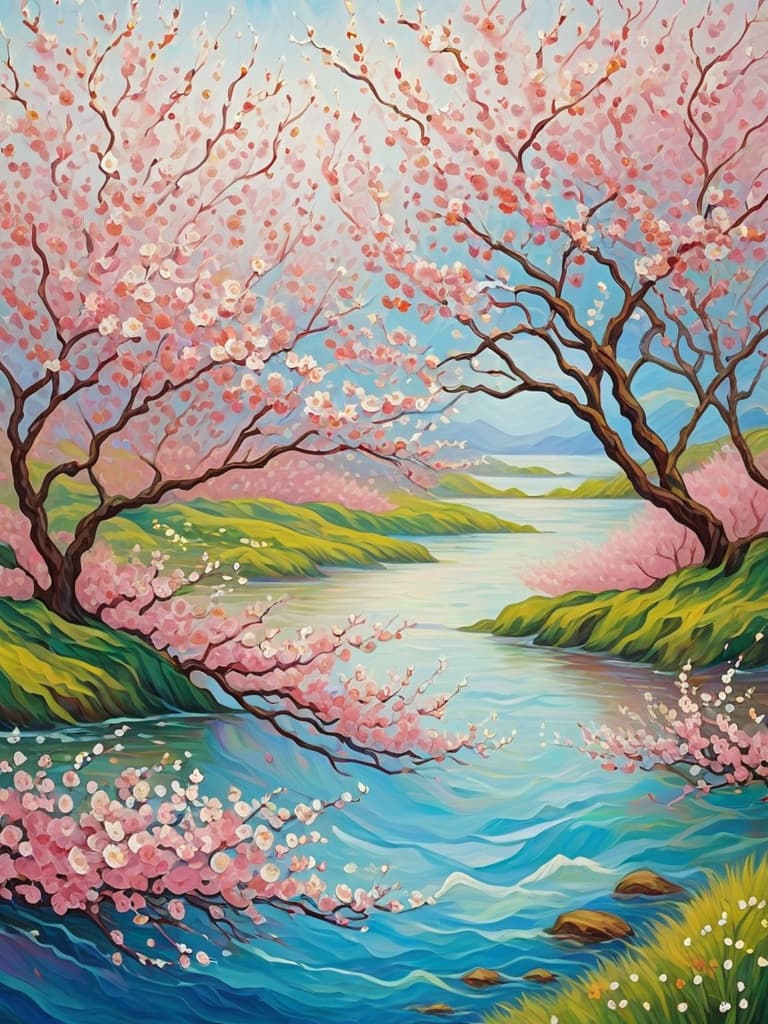  van gogh style, blooming cherry blossoms, vibrant pink and white petals, swirling branches, textured brushstrokes, bold color contrasts, dreamy atmosphere, oil painting effect, impressionist spring scene.