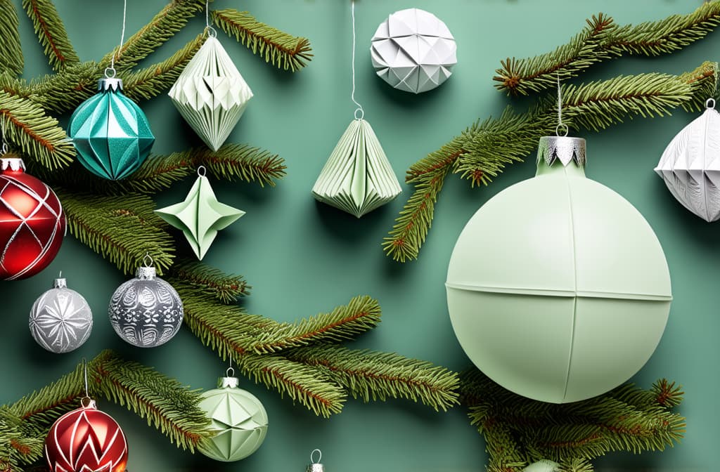  professional detailed photography, origami christmas background bauble winter festive background ar 3:2, (muted colors, dim colors, soothing tones), (vsco:0.3)